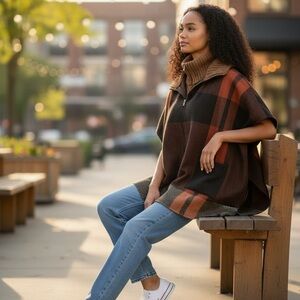 Vince Camuto Brown and Orange Plaid Cowl Neck Sweater